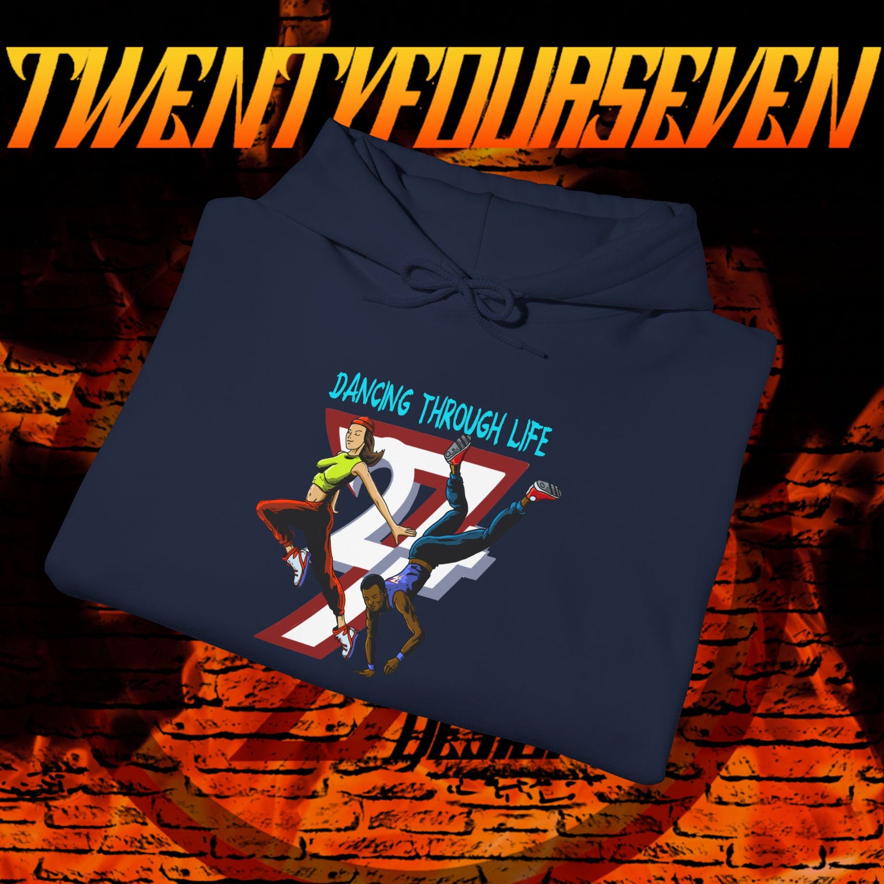 navy blue streetwear hoodie with urban dancer graphic and "Dancing Through Life" text on front