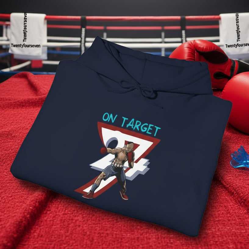 navy boxing hoodie with hand-drawn boxer and "On Target" text design