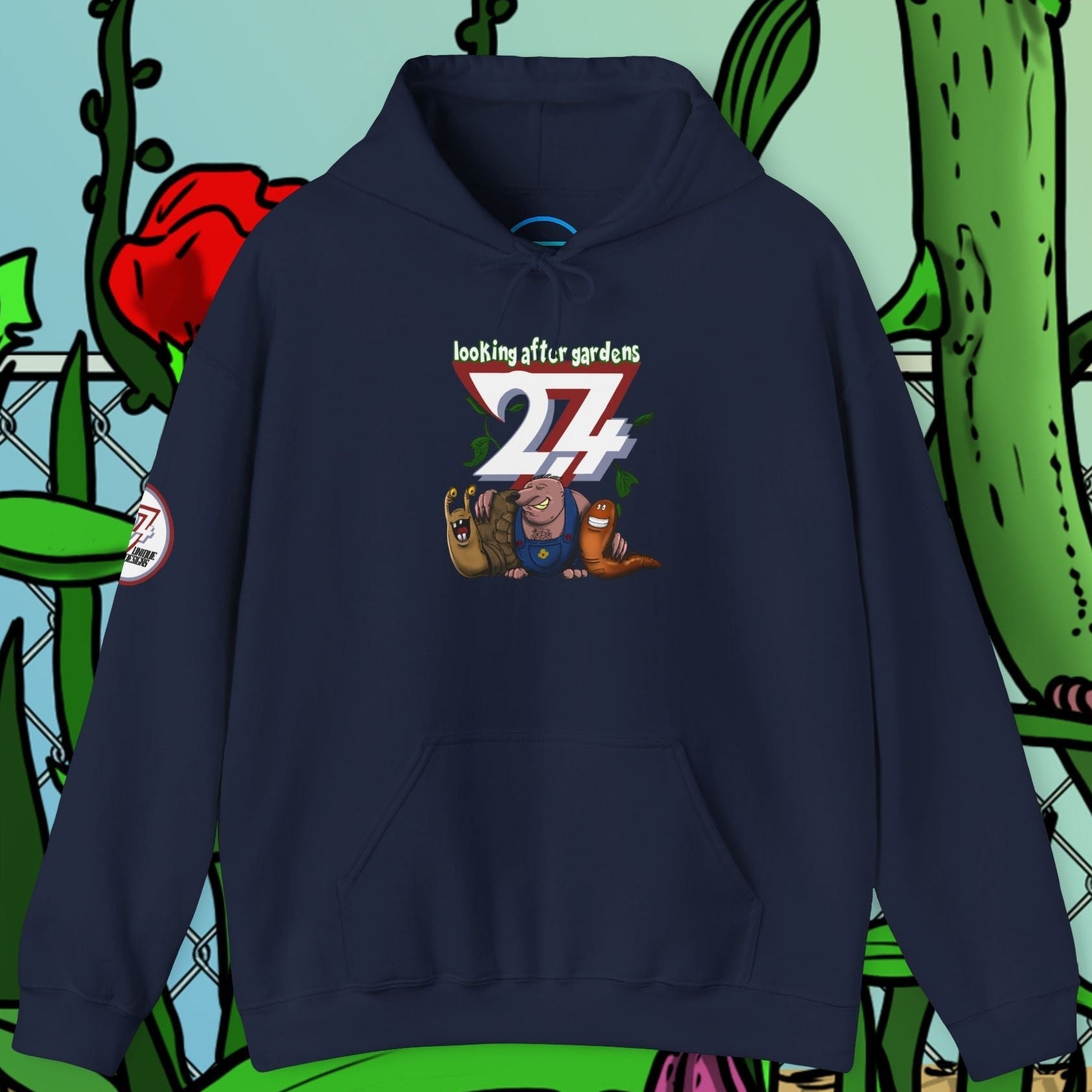 navy gardening hoodie with cute slug, snail, and mole cartoon characters and "looking after gardens 24" text design