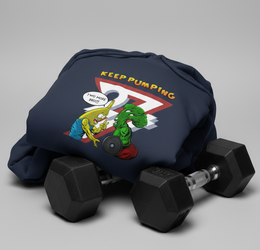 navy hoodie with cartoon broccoli and banana workout characters and "Keep Pumping" text