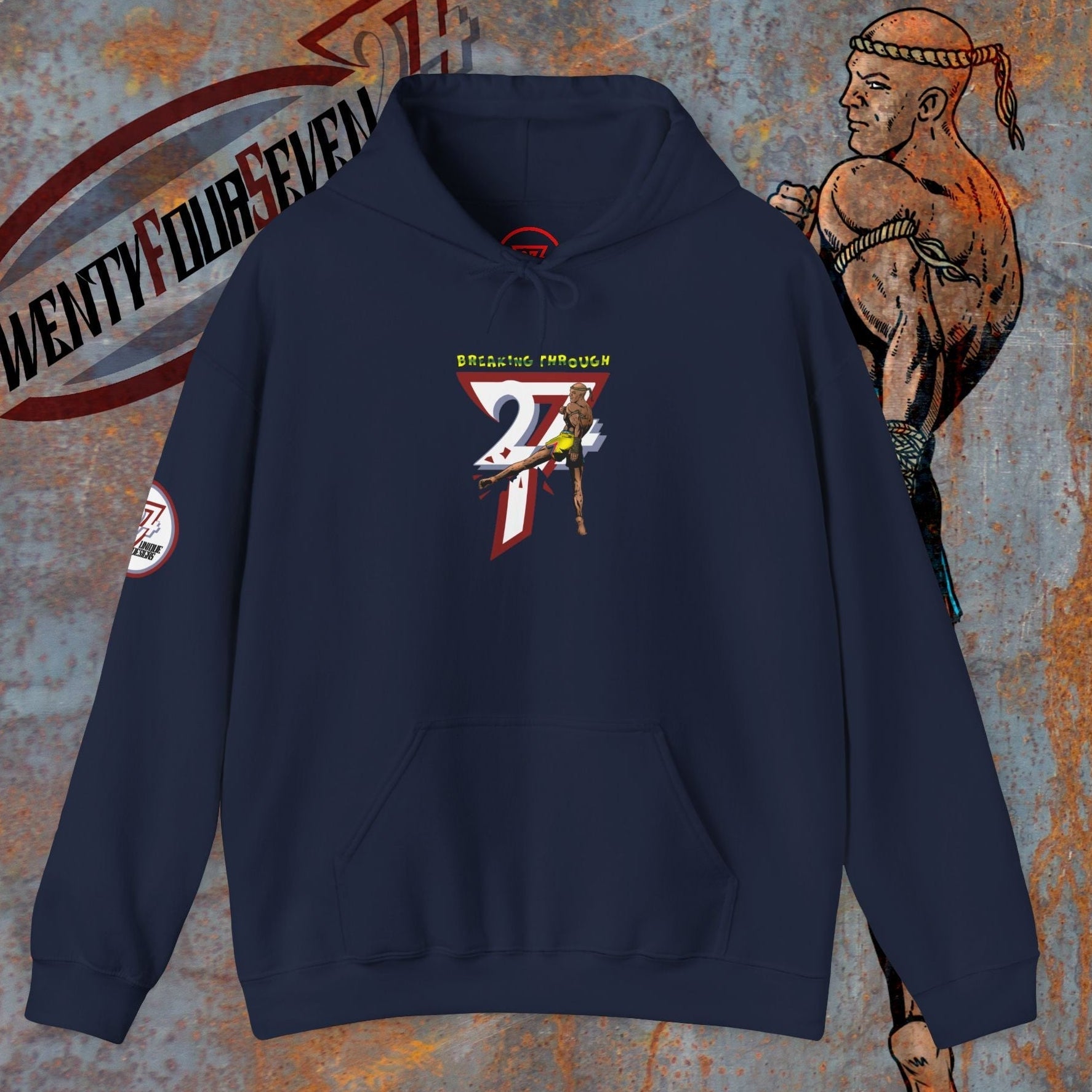 navy muay thai hooded sweatshirt with combat sports graphic and kangaroo pocket