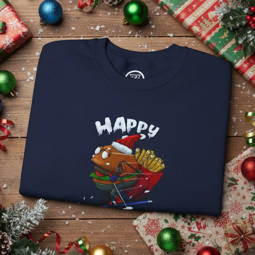 navy sweatshirt with skiing Santa Claus burger and fries cartoon design Christmas burger festive jumper
