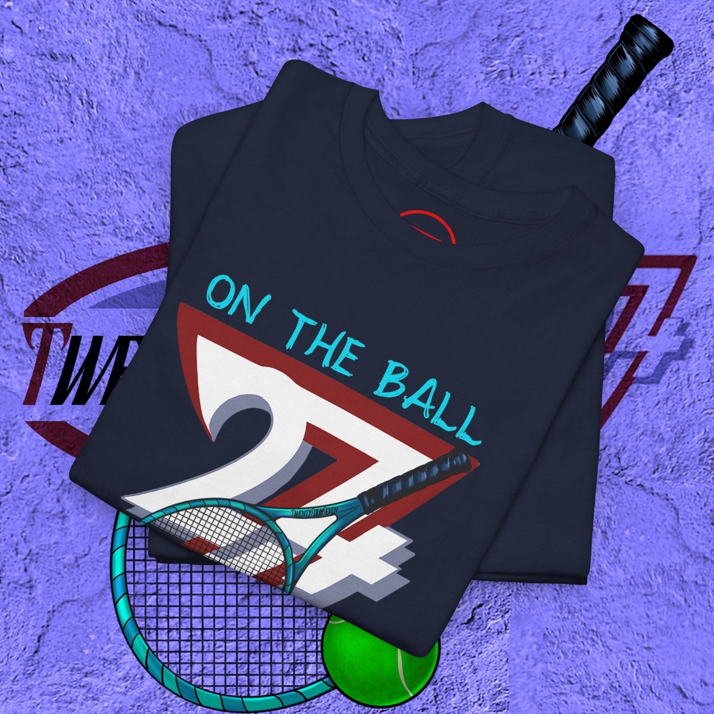 navy tennis sport T-shirt with hand-drawn vintage tennis racket and ball illustration, styled for fans and players