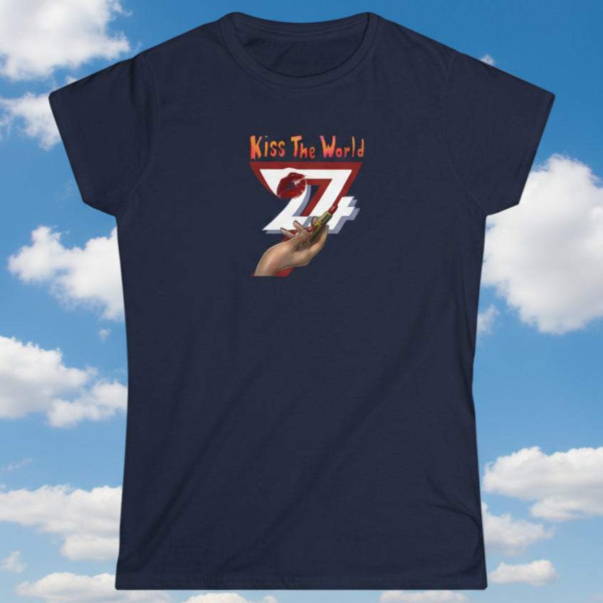 navy women unique tee with lipstick holding hand design and kiss the world text