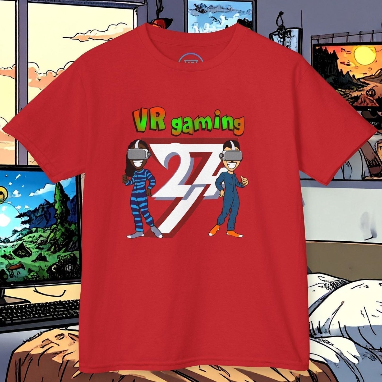 Vibrant Red Kids T-Shirt featuring the original hand-drawn onesie duo.