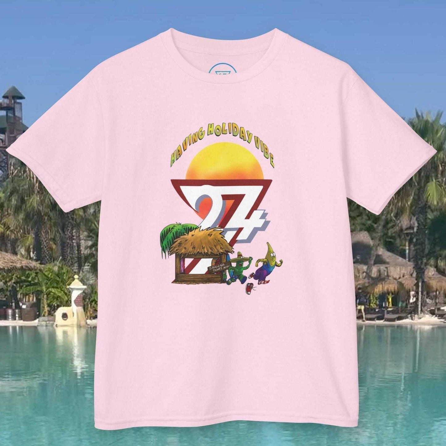 pink kids banana t-shirt with funny cartoon summer beach design