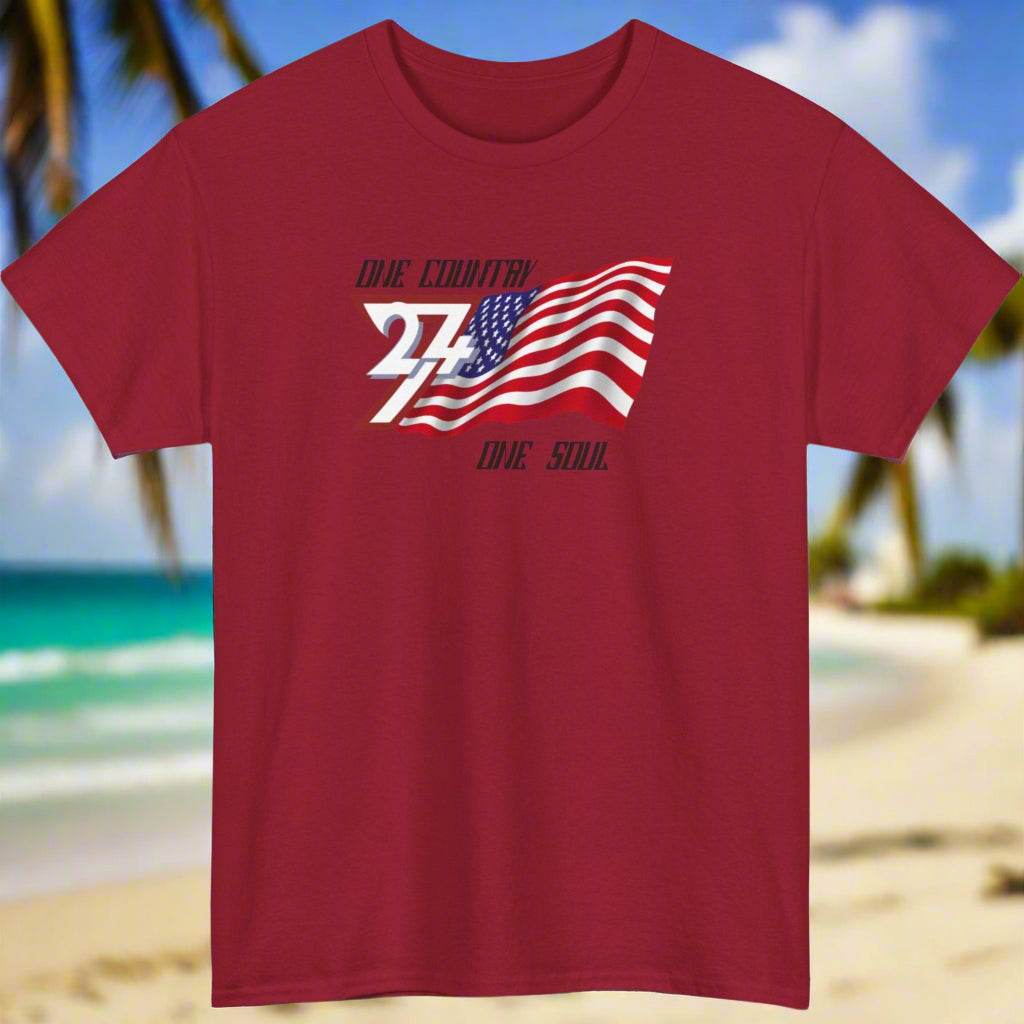 Red USA T-shirt with "One Country One Soul" slogan and American flag design, patriotic tee for adults.