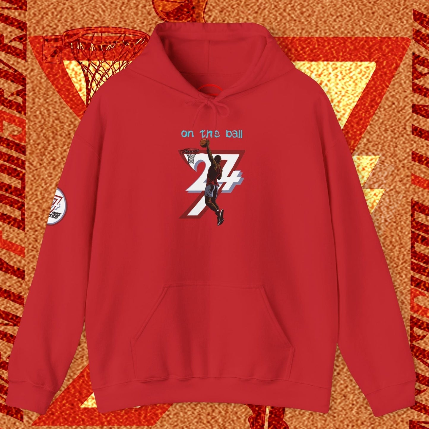 red basketball hoodie with hand-drawn player dunking design and "on the ball 24/7" text, adjustable hood and kangaroo pocket
