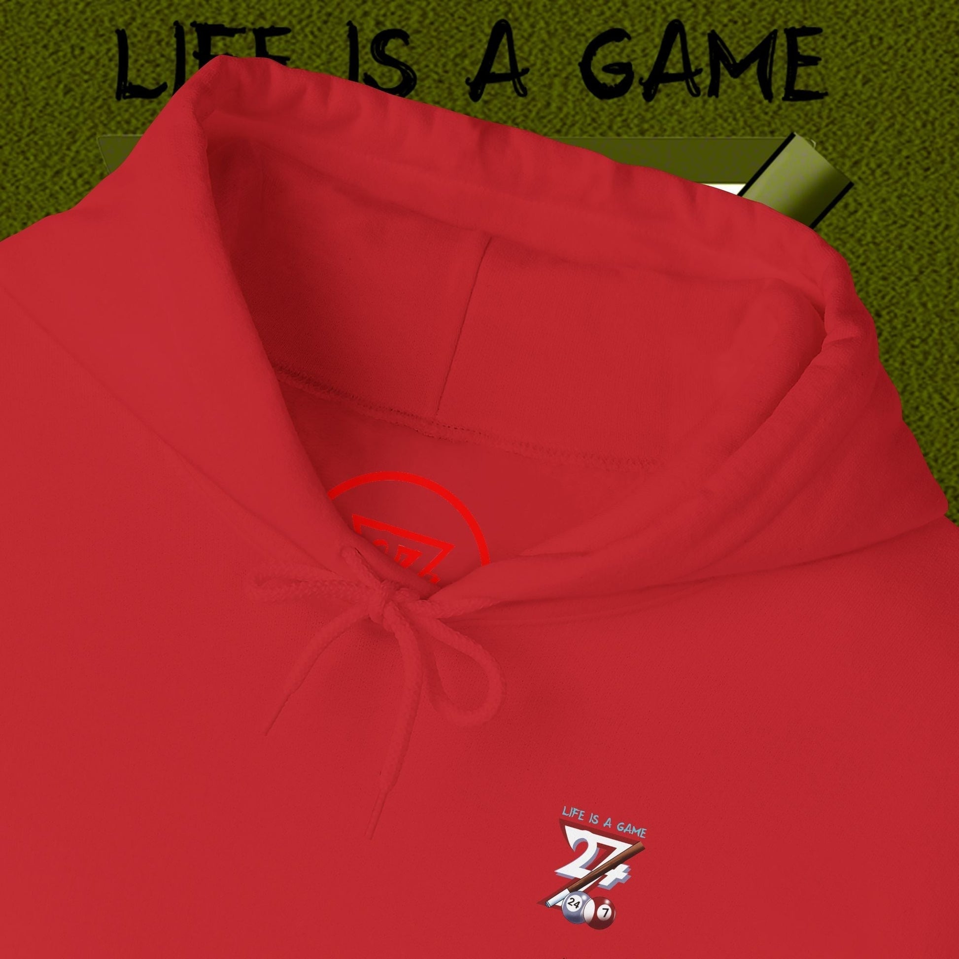 red billiard hoodie with adjustable drawstring hood and small artistic logo for pool enthusiasts