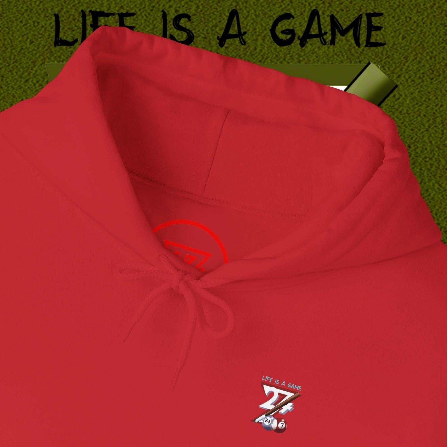 red billiard hoodie with adjustable drawstring hood and small artistic logo for pool enthusiasts