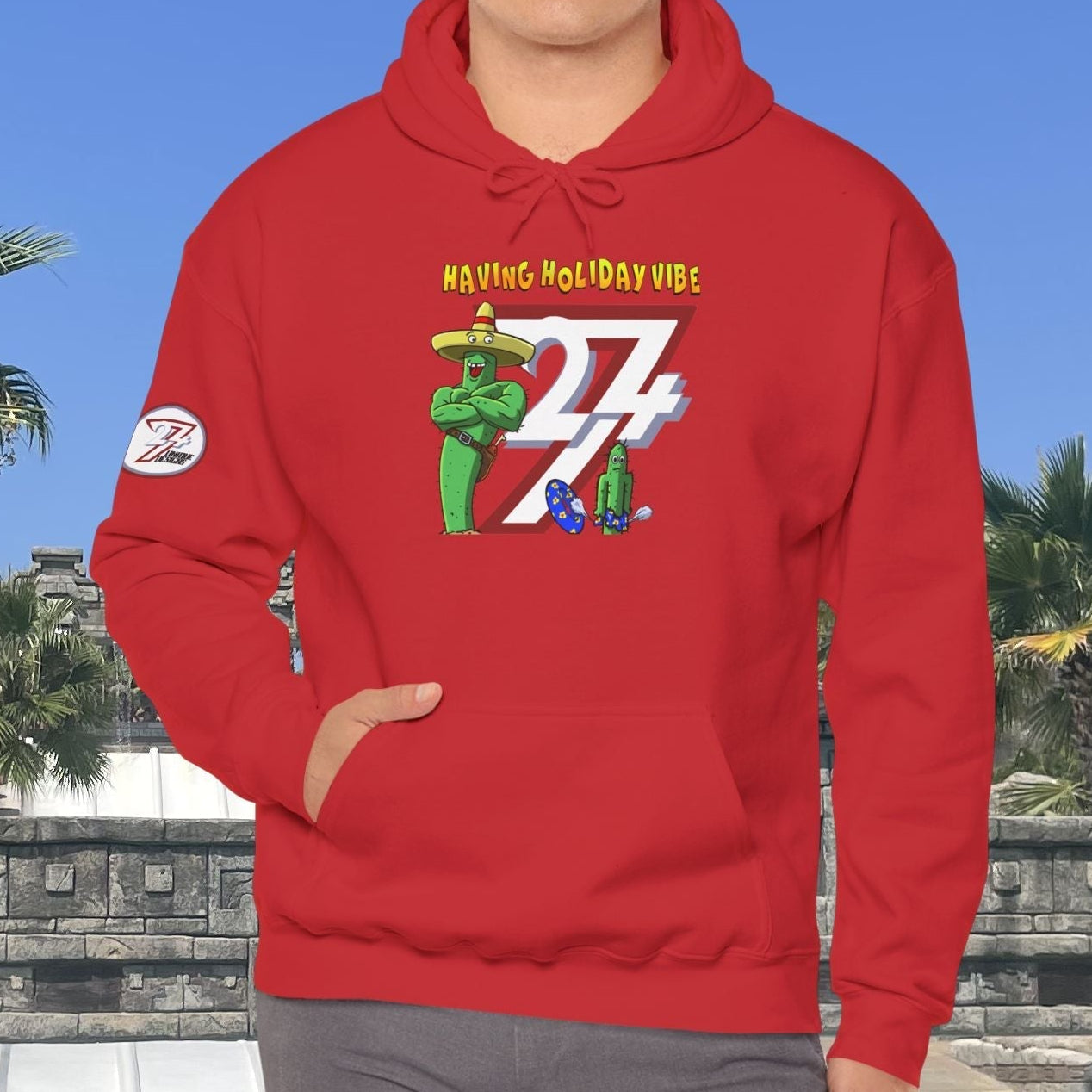 red cactus hoodie with cartoon design and holiday vibe worn by man outdoors