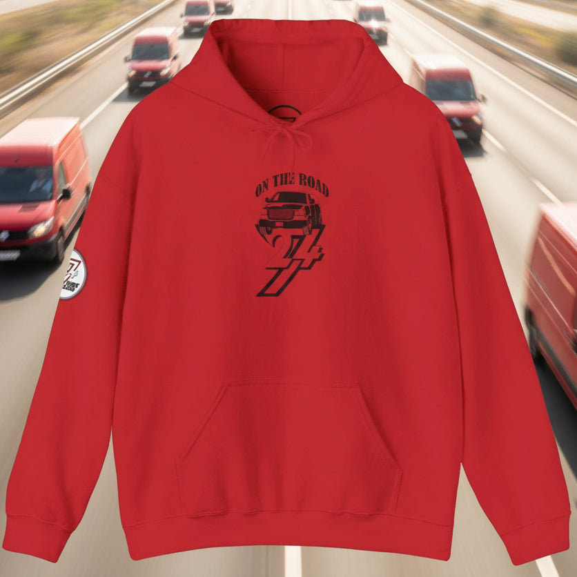 red car hoodie with hand-drawn vehicle design and kangaroo pocket for men and travel enthusiasts