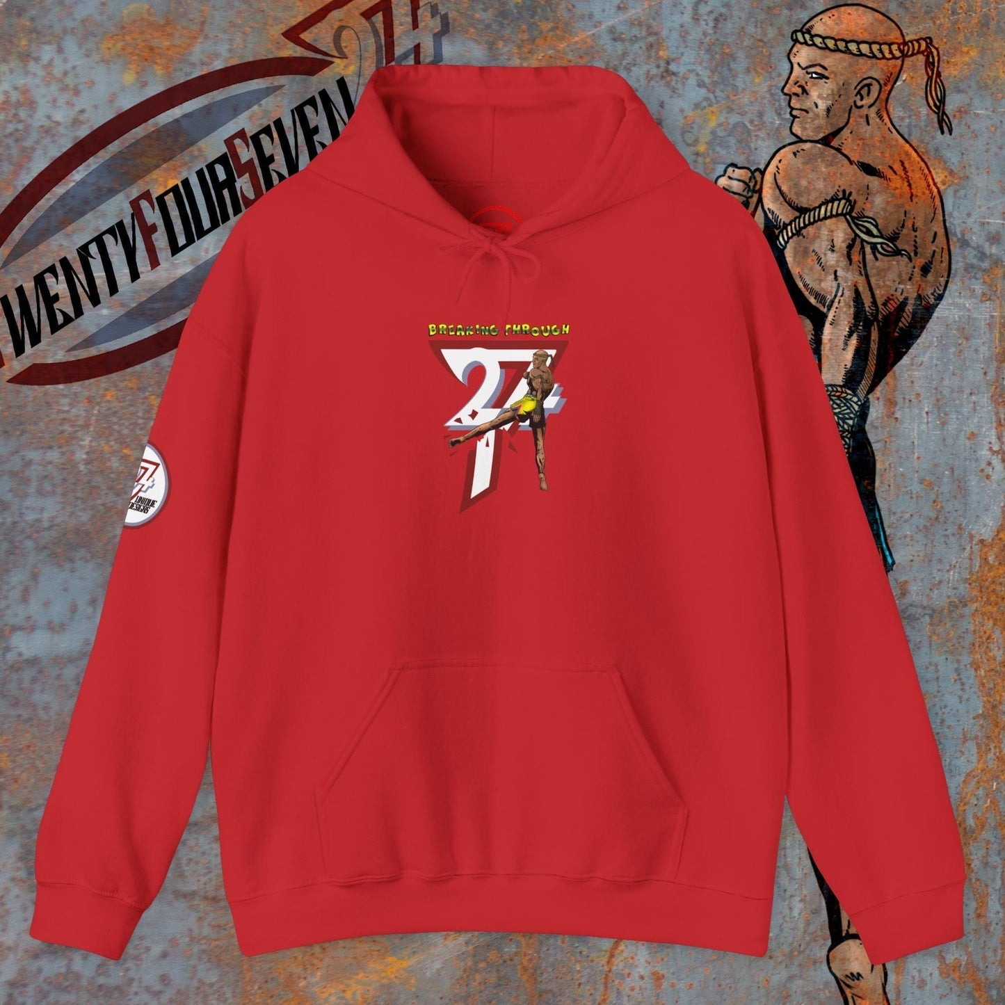 red muay thai hooded sweatshirt with combat sports design and kangaroo pocket