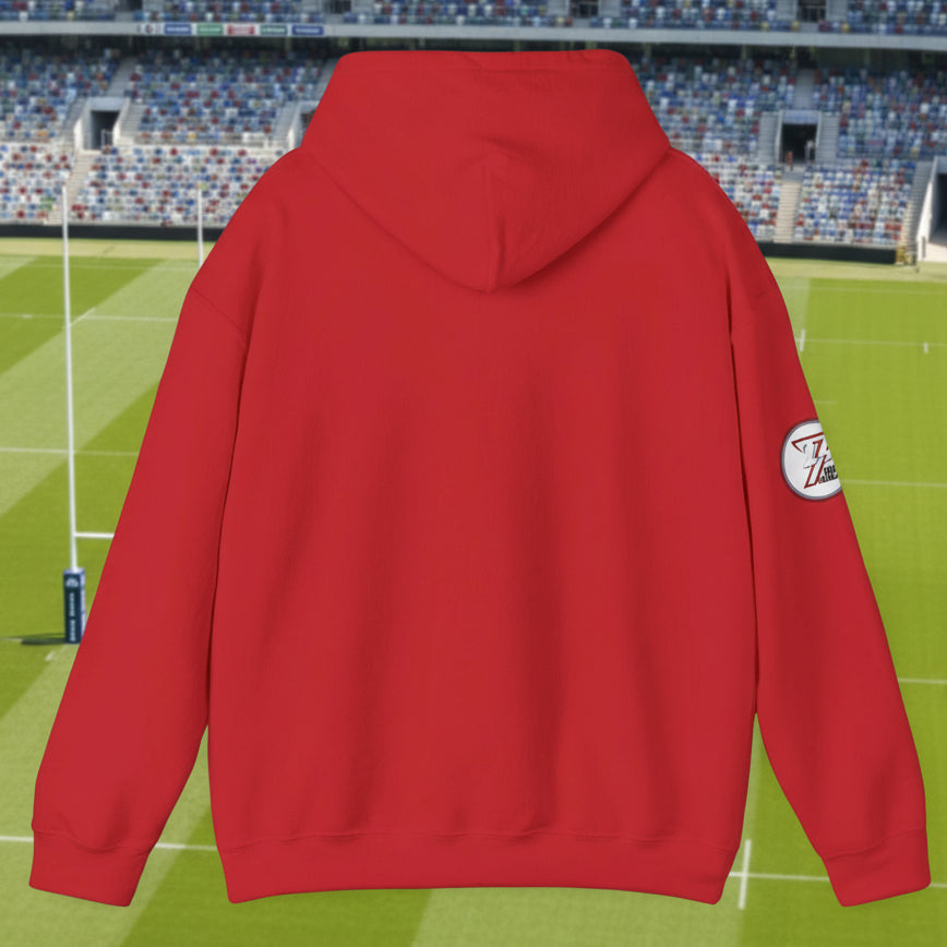 red rugby hoodie sweatshirt with hand-drawn original design and adjustable hood back view