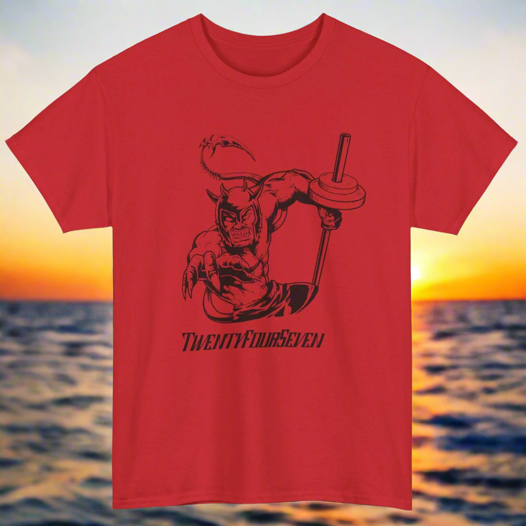 red t-shirt for gym goers with unique comic theme