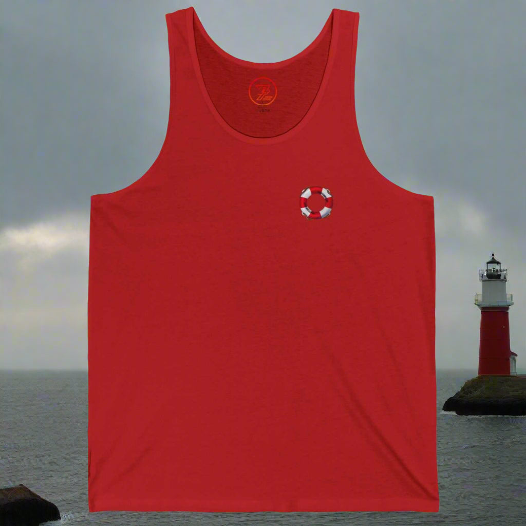 red unisex beach tank top with small lifebuoy graphic on chest, lightweight summer jersey