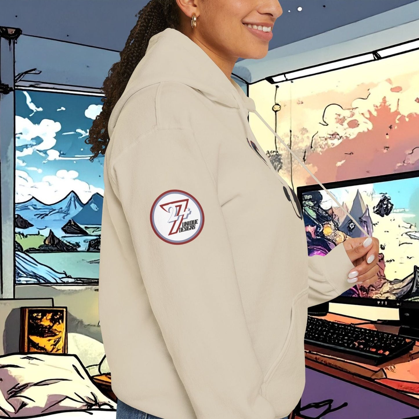 side view of woman wearing beige headset hoodie with gaming setup background