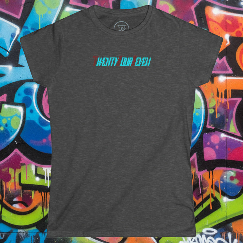 unique women t-shirt in dark gray with vibrant "Twentyfourseven" text, lightweight cotton for summer and everyday wear