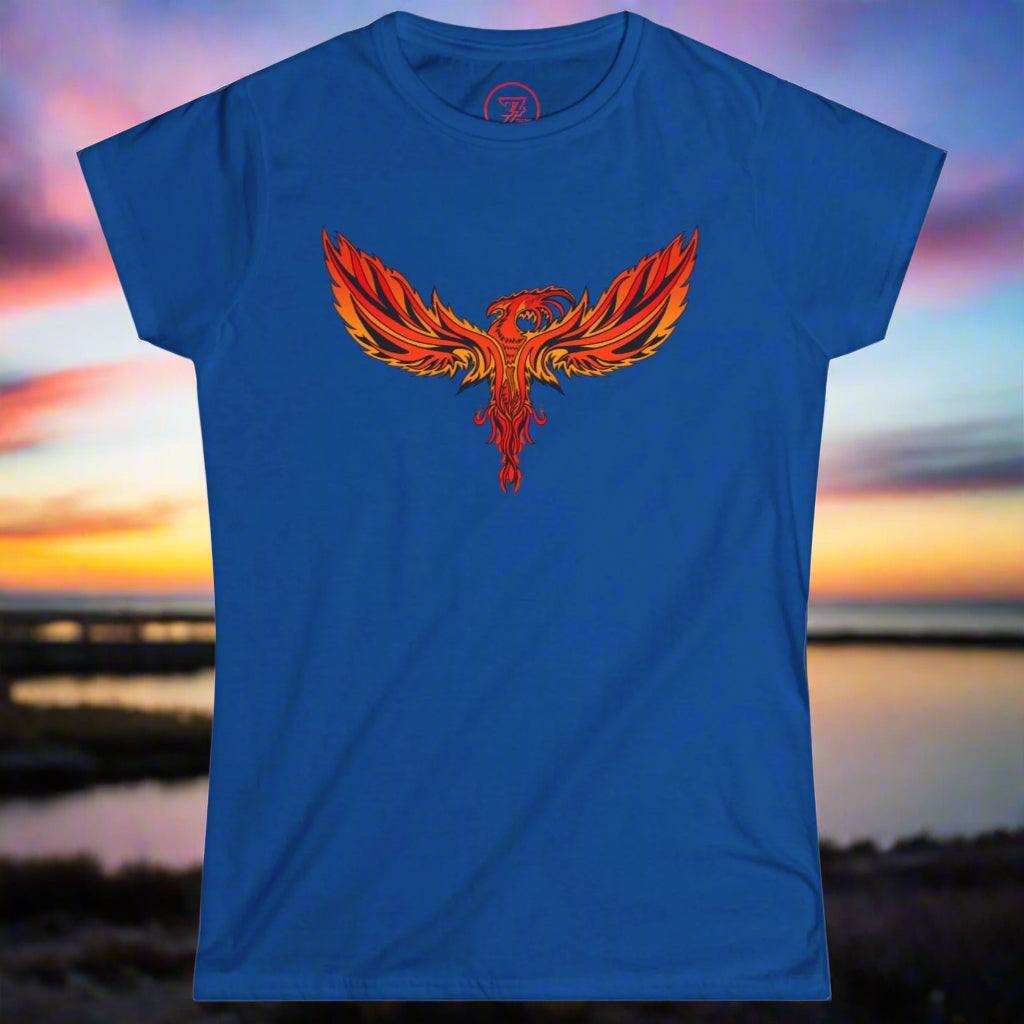 Blue women's t-shirt with vibrant fiery phoenix design on the front, perfect for parties and casual wear.