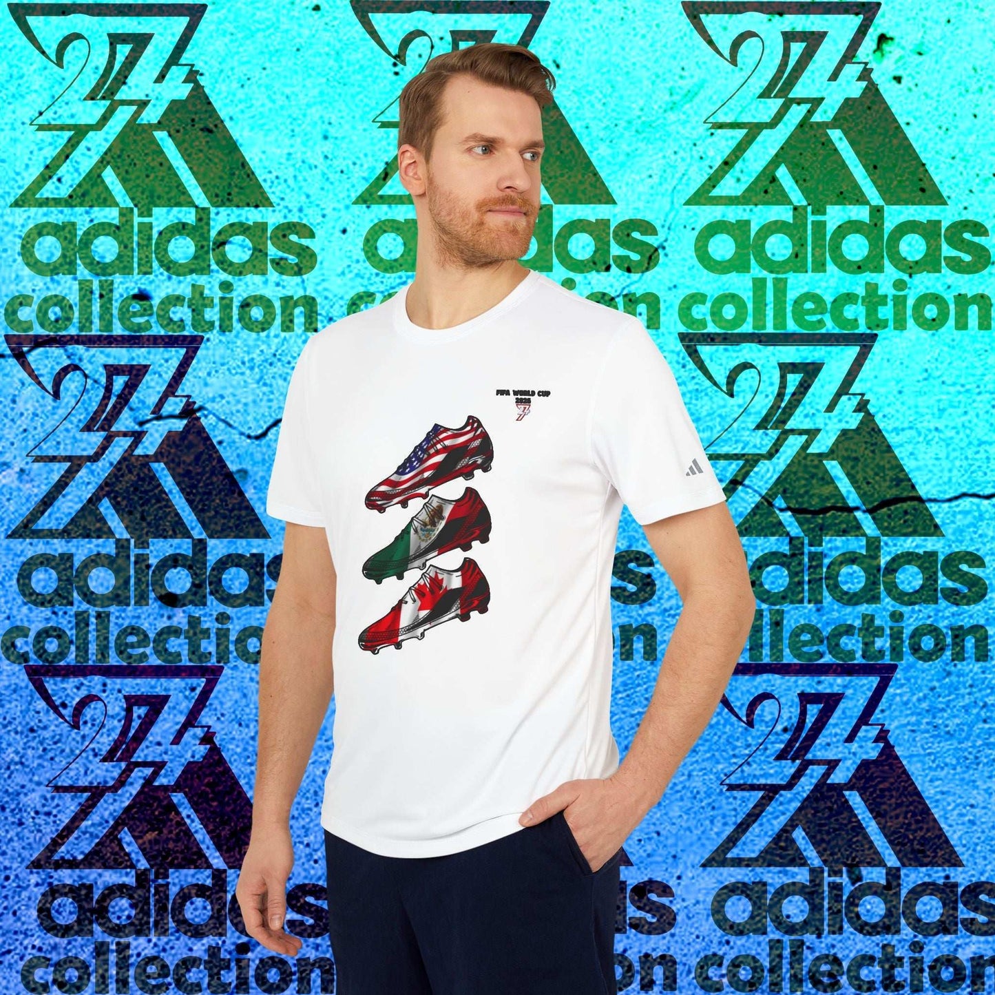 Male model wearing the White Adidas 2026 World Cup Unity Boots tee, showcasing the regular athletic fit and the designer hand-drawn boot stack art.