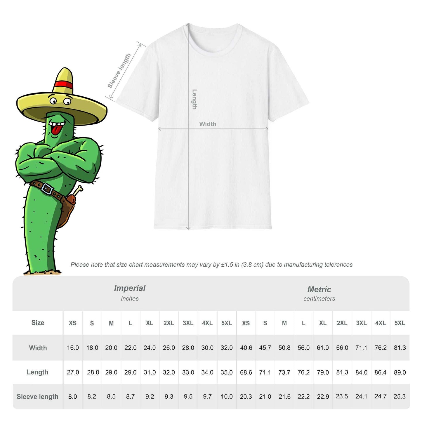 Technical Technical size chart for the White mascot tee, providing detailed measurements for the 100% ring-spun cotton fit.size chart for the 24/7 Unique Designs 100% cotton tee, showing precise measurements for a perfect fit.