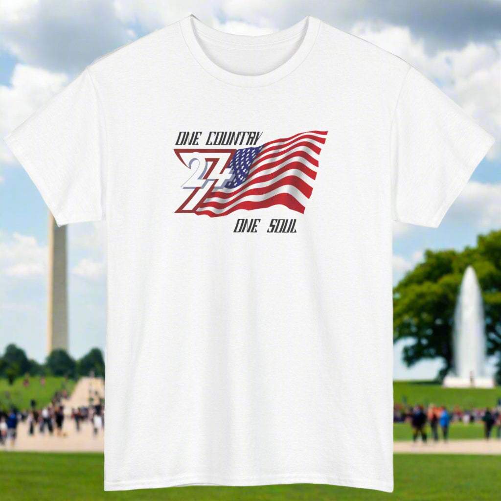White USA T-shirt with "One Country One Soul" slogan and hand-drawn American flag design