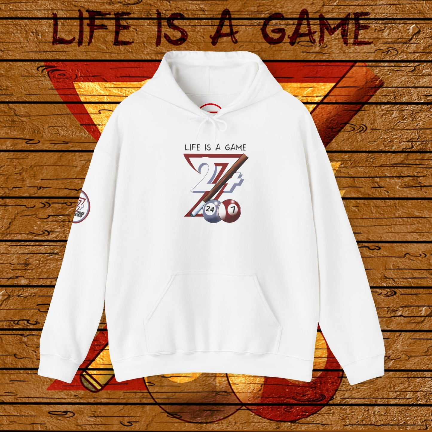 white billiards hoodie with "life is a game" text and pool ball design on front and sleeve kangaroo pocket adjustable hood