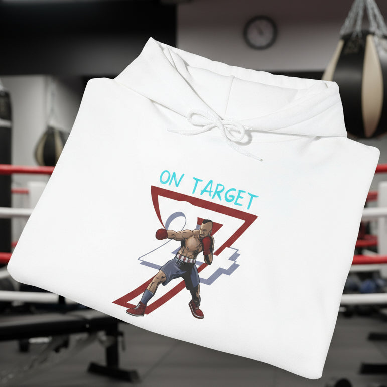 white boxing hoodie with hand-drawn boxer design and "ON TARGET" text, folded for sports training and outdoor fitness