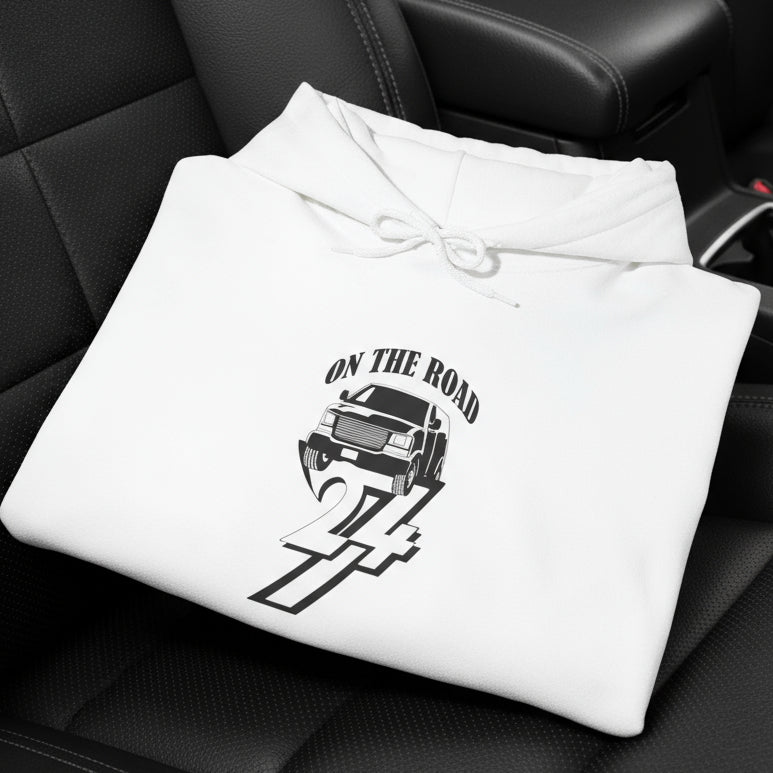 white car hoodie with hand-drawn vehicle design and "On The Road 24" text folded flat