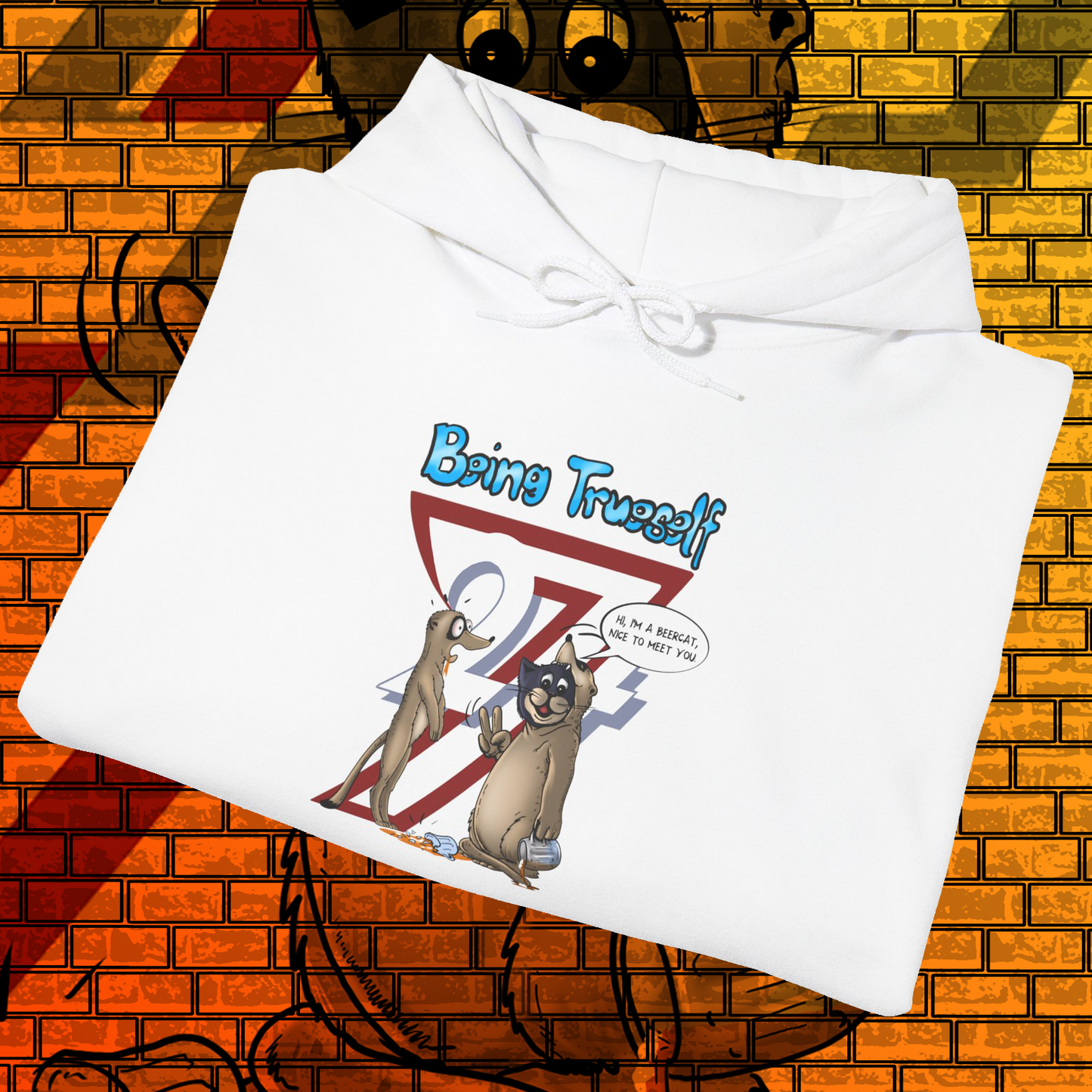 white hoodie with cartoon meerkat and cat illustration and "Being True-Self" text design