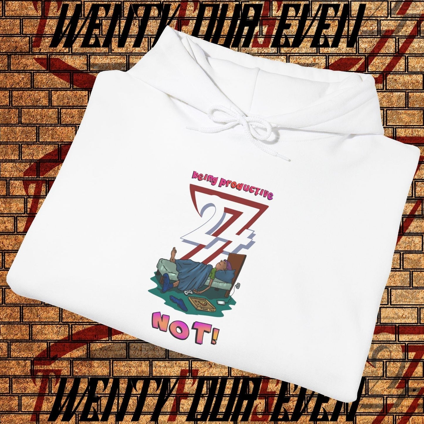 white funny custom hoodie with lazy teen cartoon design folded on brick background