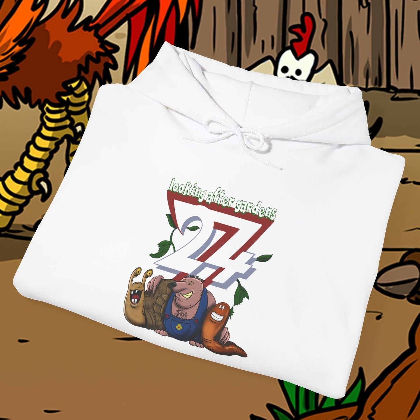 white gardening hoodie with cute slug, snail, and mole cartoon design and "looking after gardens 24/7" text
