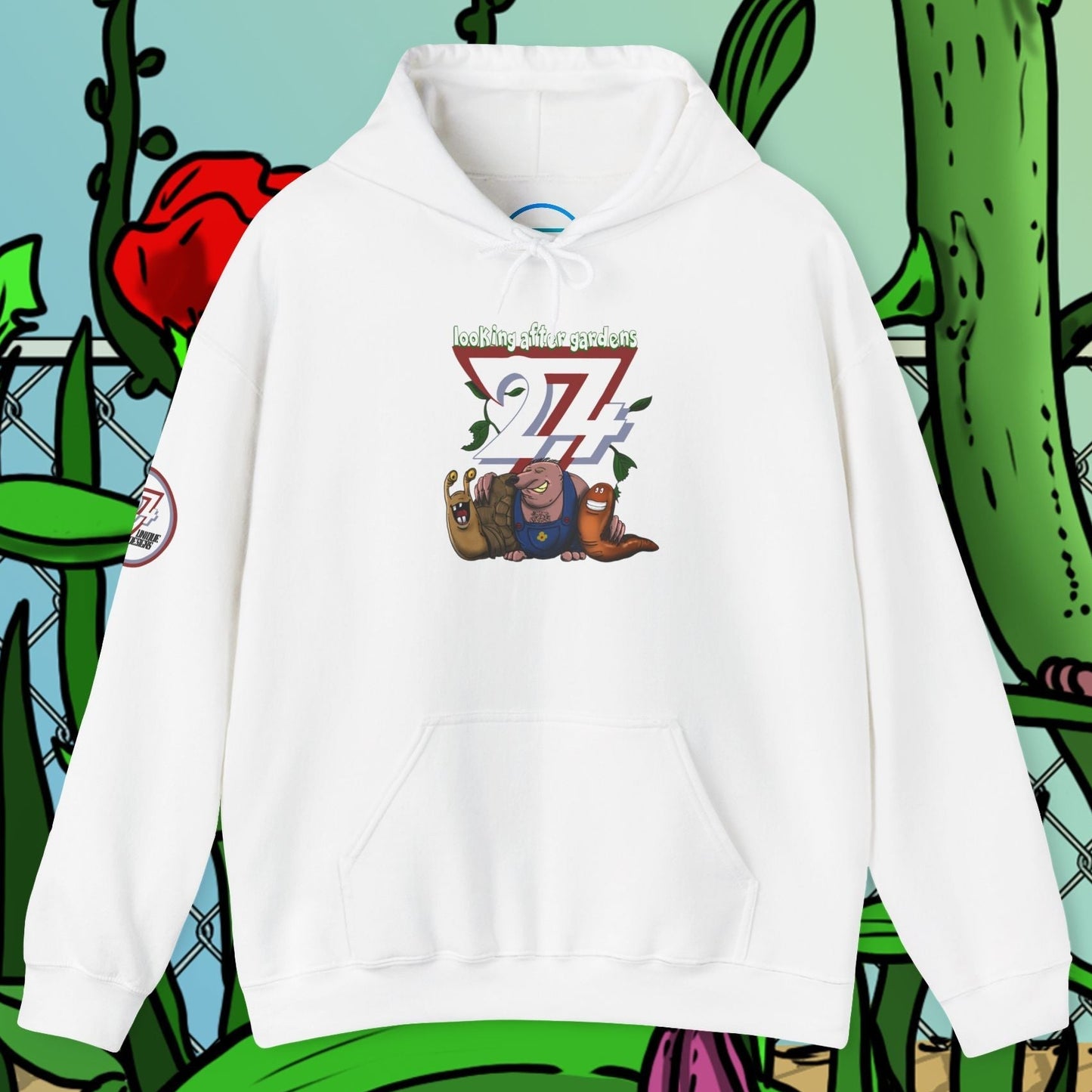 white gardening hoodie with cute cartoon slug, snail, and mole design on front and kangaroo pocket