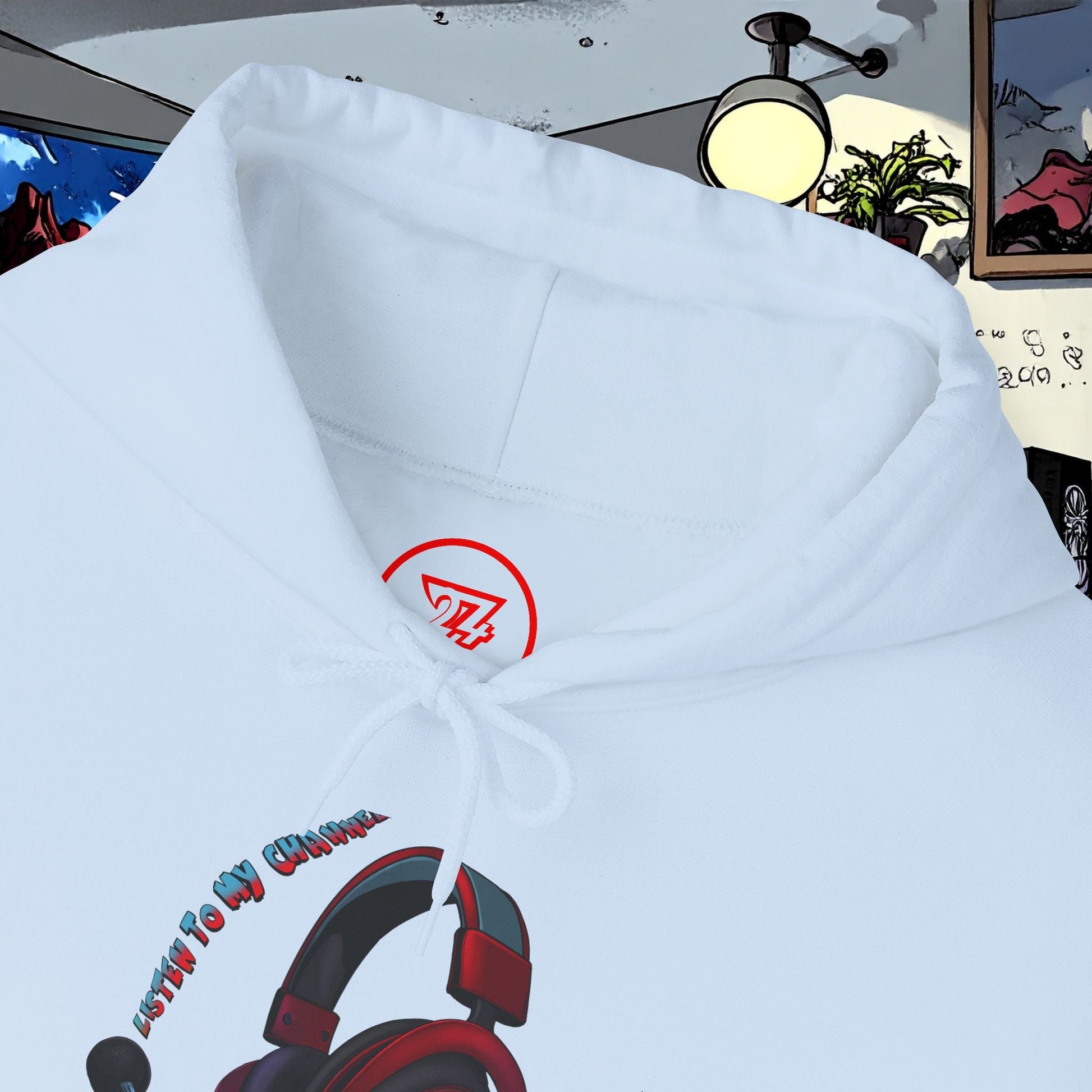 white headset hoodie with red and black headphone design and adjustable drawstring hood