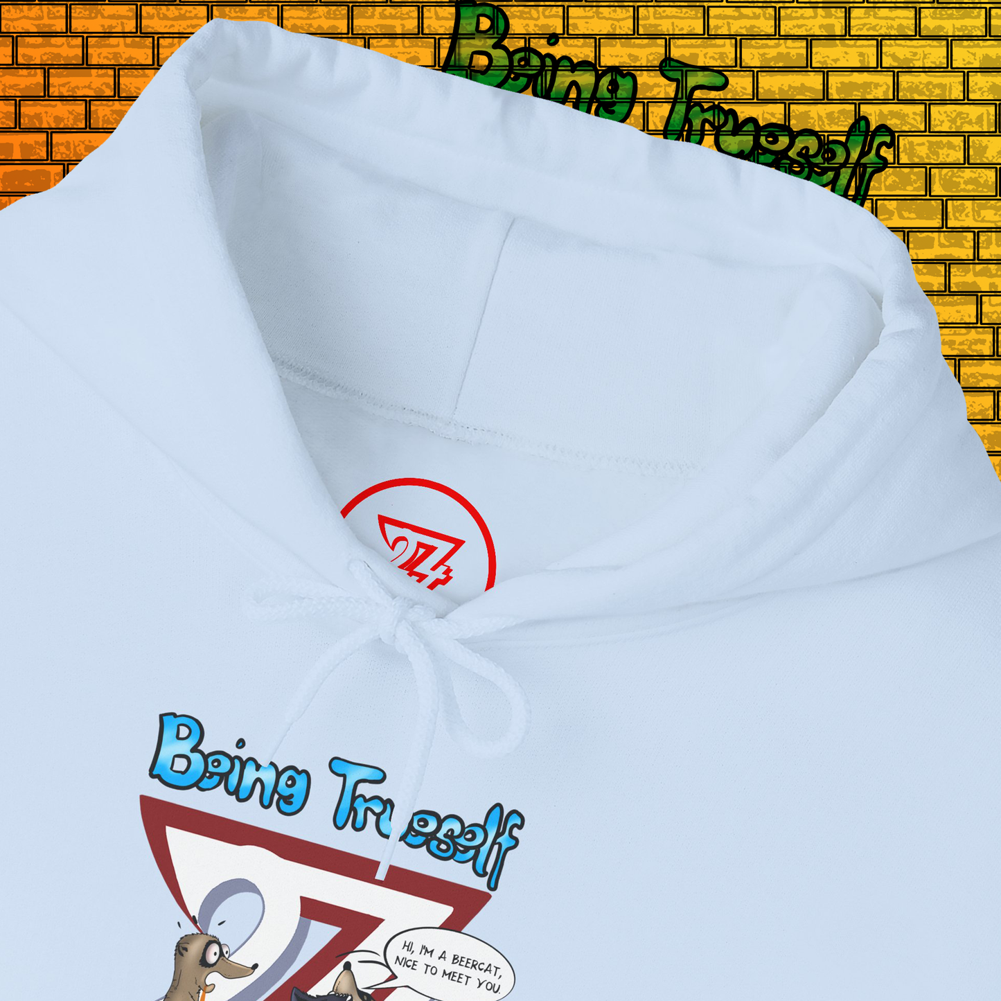 white hoodie with meerkat and cat cartoon illustration and "Being True-Self" text design
