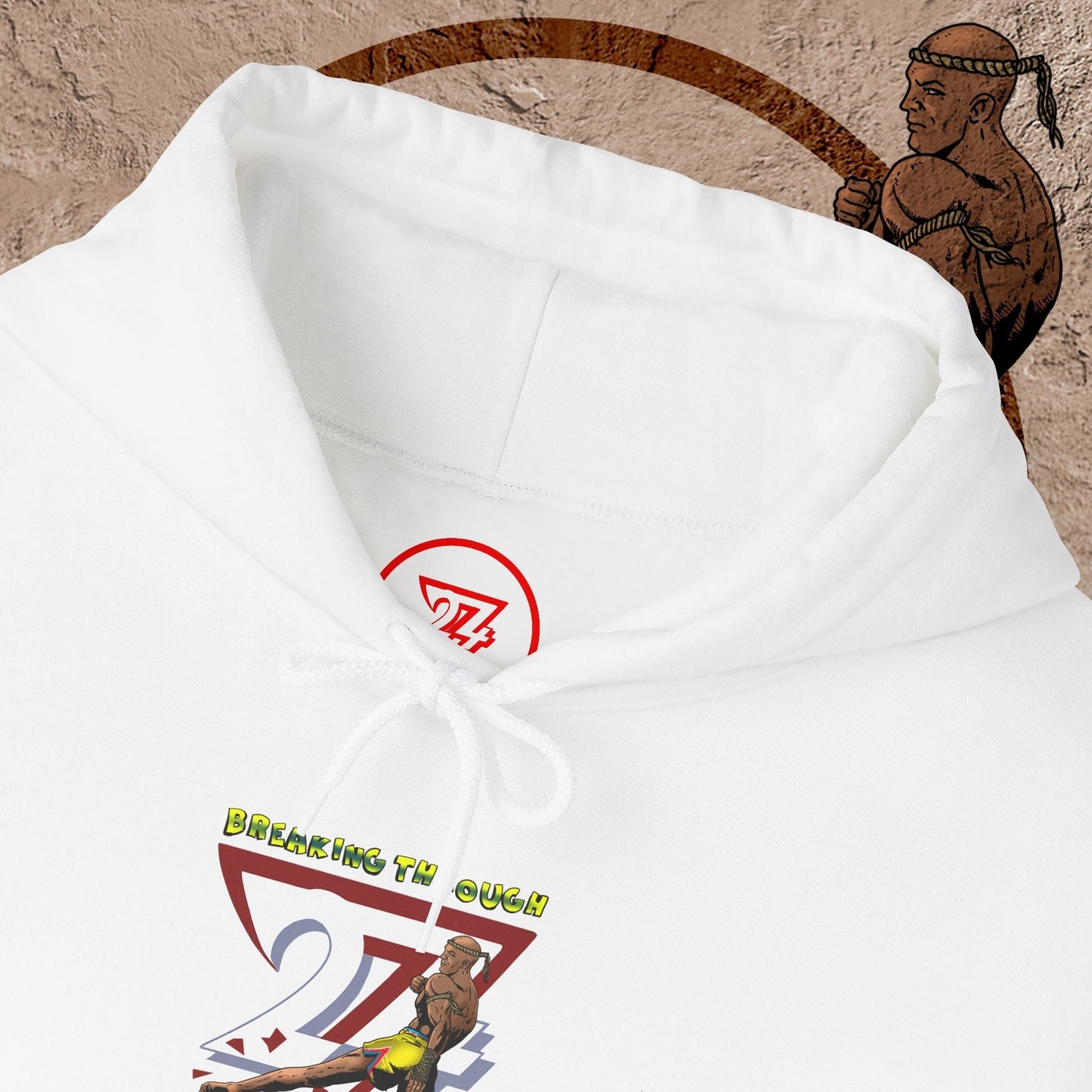 white muay thai hooded sweatshirt with fighter graphic and breaking through text design