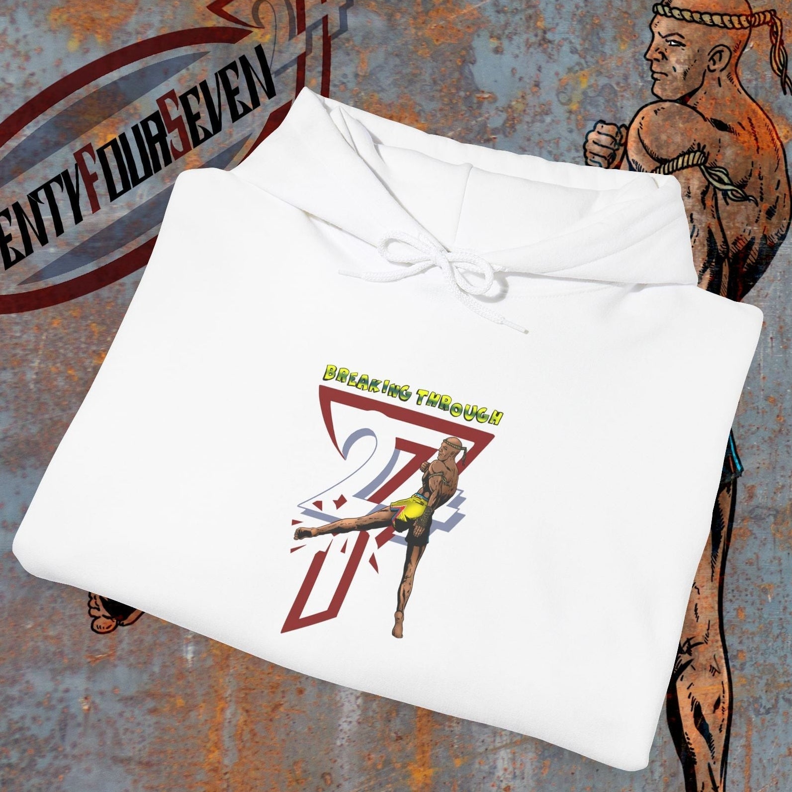 white muay thai hooded sweatshirt with fighter graphic and "twenty four seven" text design
