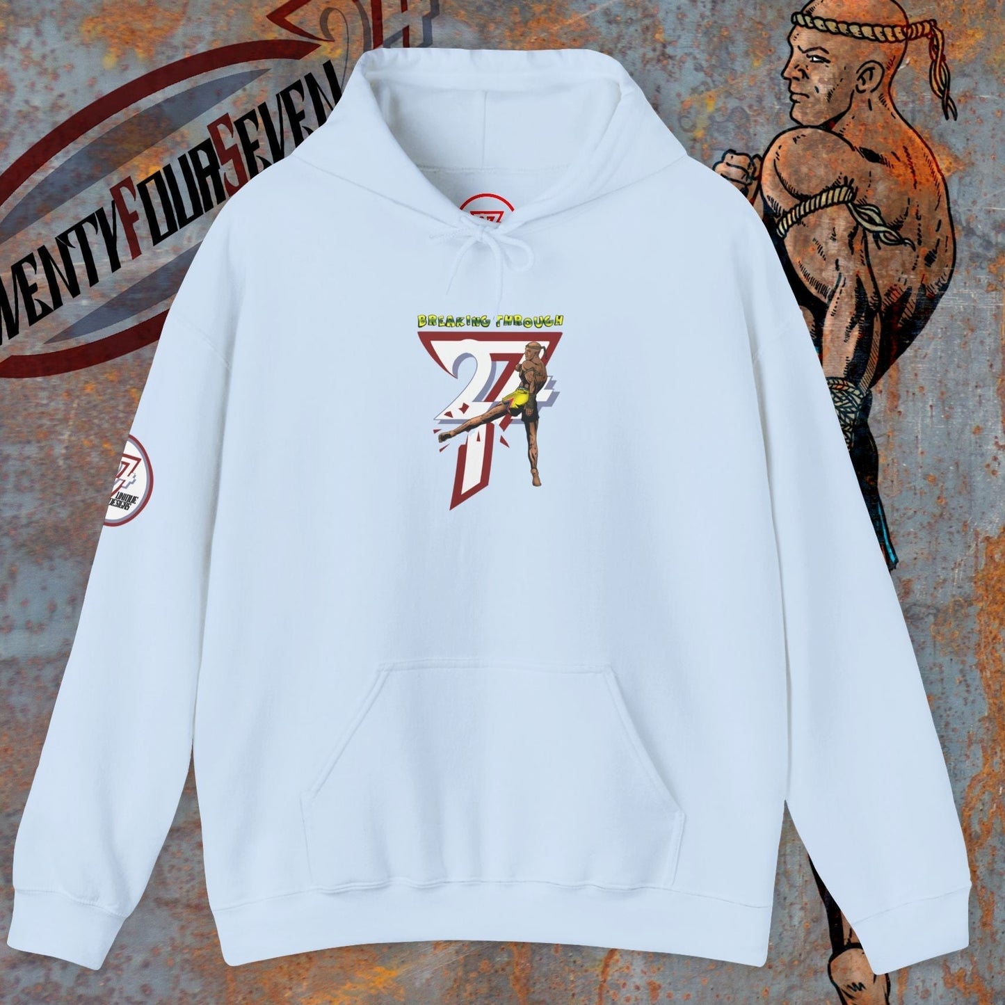 white muay thai hooded sweatshirt with martial arts fighter graphic and "Twenty Four Seven" text design