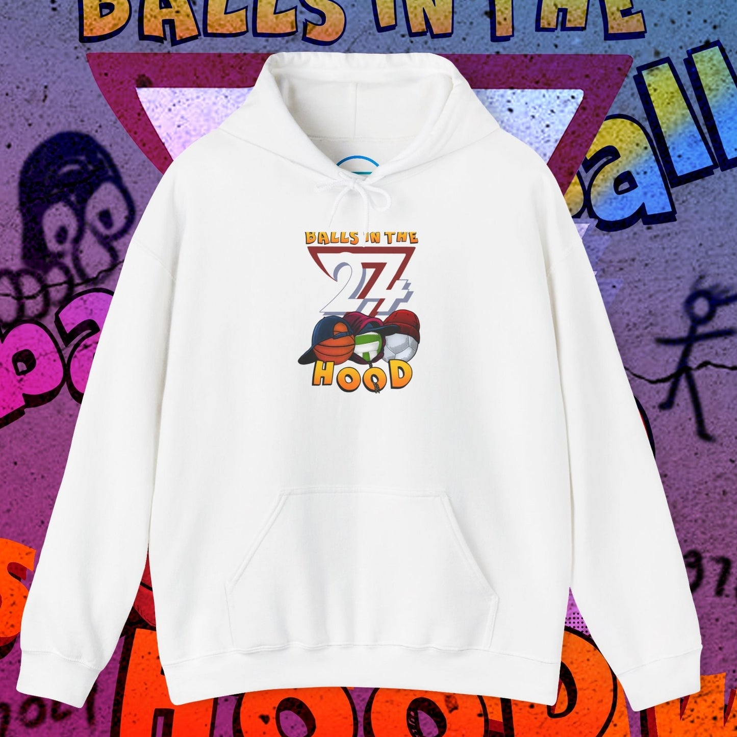 white printed hoodie with colorful Balls in the Hood design for urban streetwear and ballgames