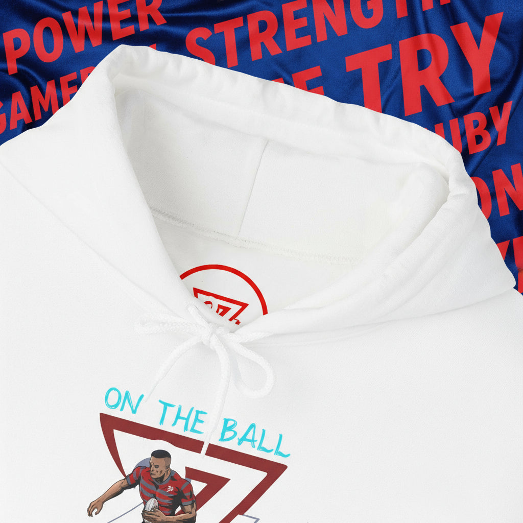 white rugby hoodie with vibrant hand-drawn rugby player design and adjustable drawstring hood