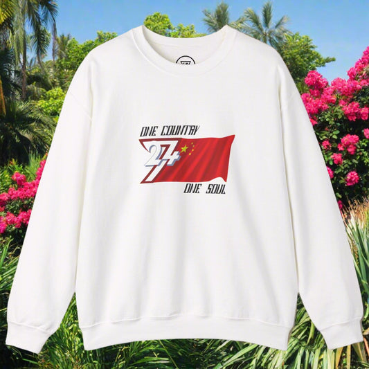white sweatshirt with China flag design on chest