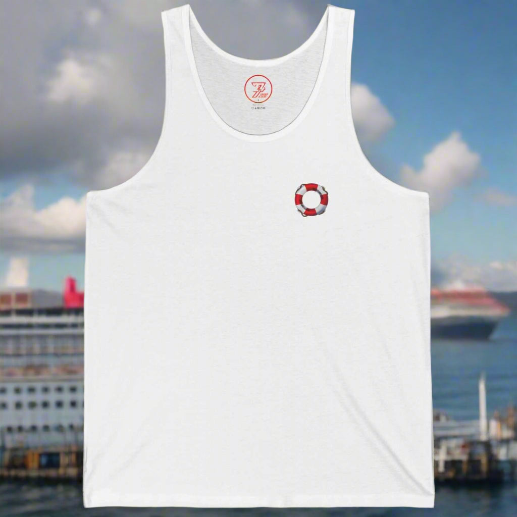 white unisex beach tank top with small red and white lifebuoy design on chest for summer vacation