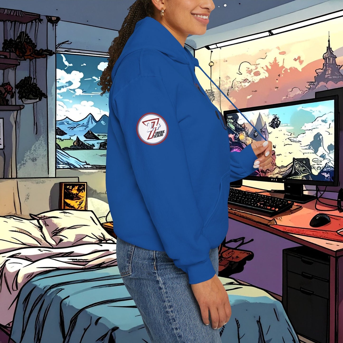 woman wearing blue headset hoodie with headphone design in gaming room with dual monitors and scenic background illustration