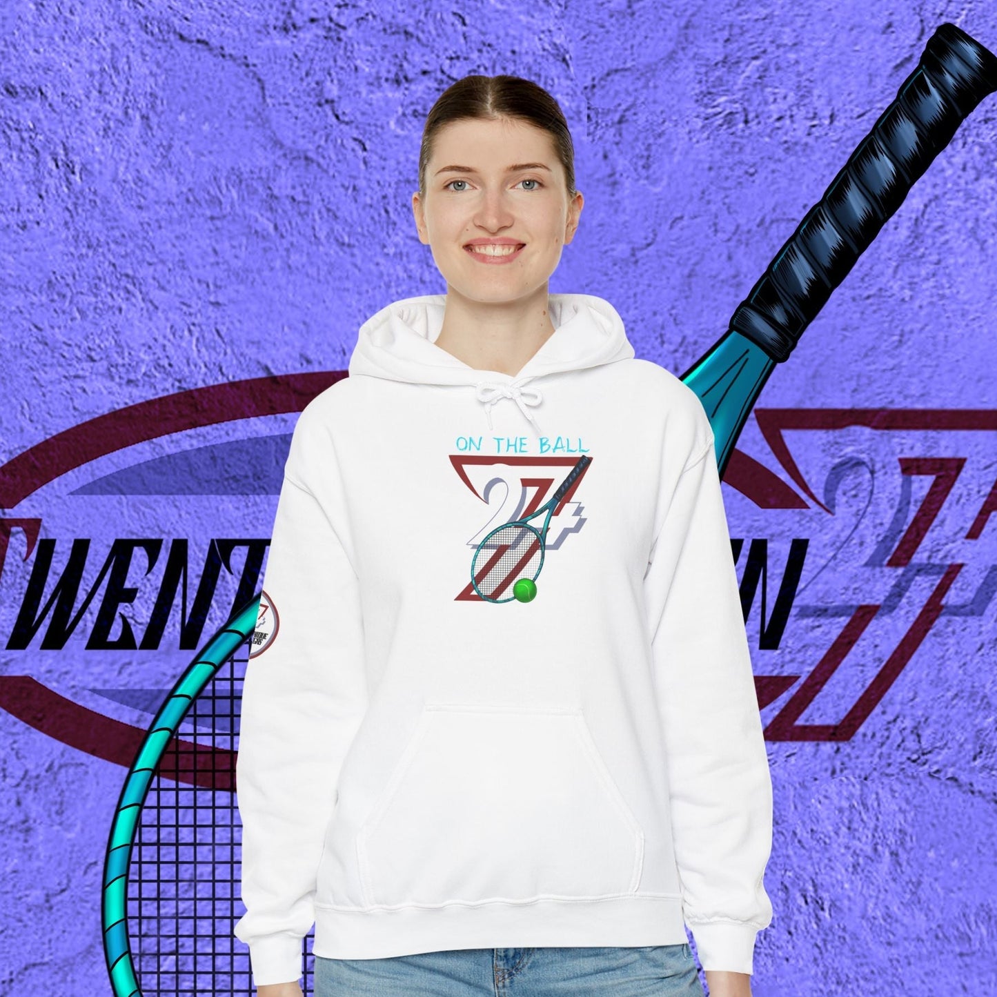 woman wearing white tennis hoodie with hand-drawn tennis gear design and front pouch pocket