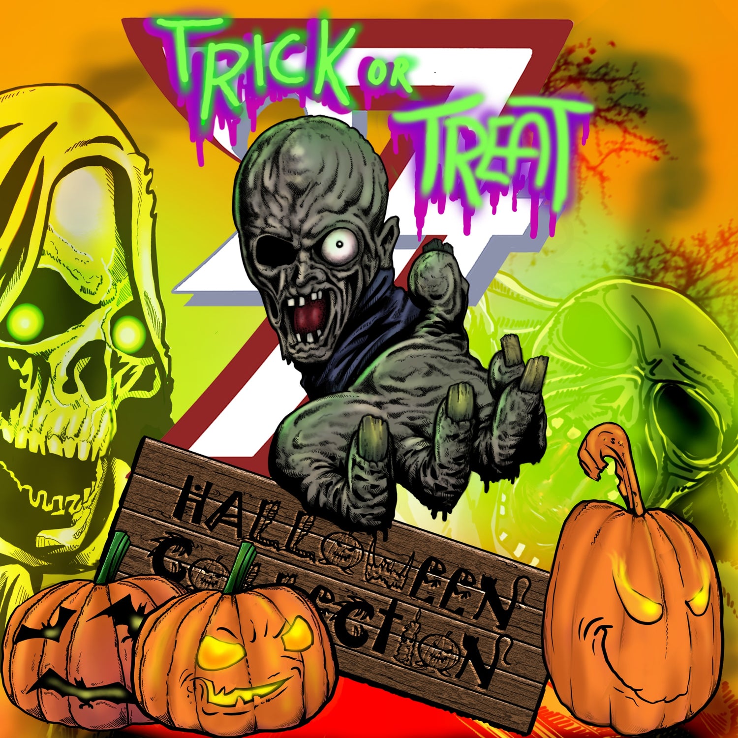 Main collection display for the Halloween Art Shop featuring hand-drawn spooky apparel, illustrated holiday decor, and artist-designed gifts