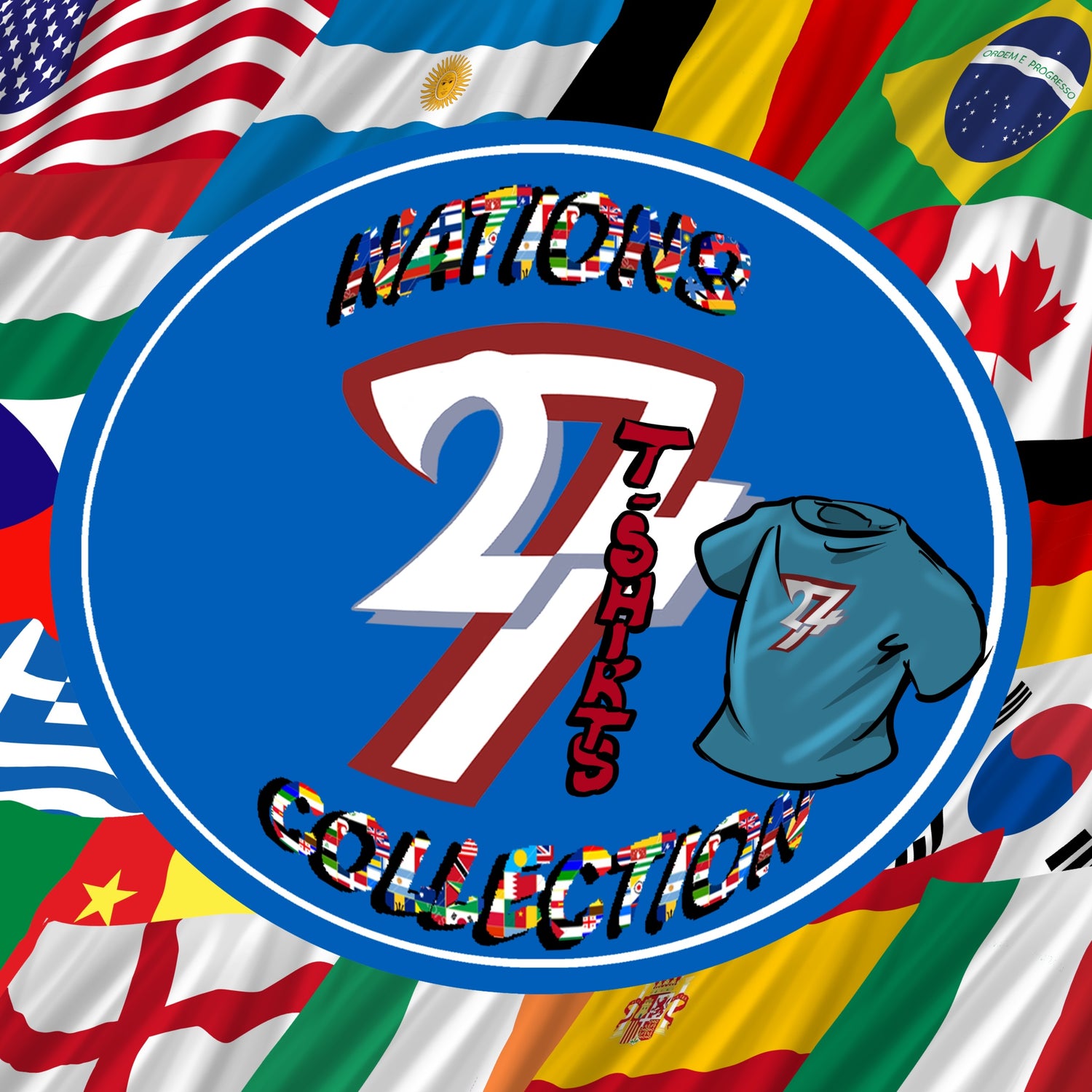 Collection of hand-drawn national flag t-shirts featuring original illustrated artwork of world flags like the USA and UK