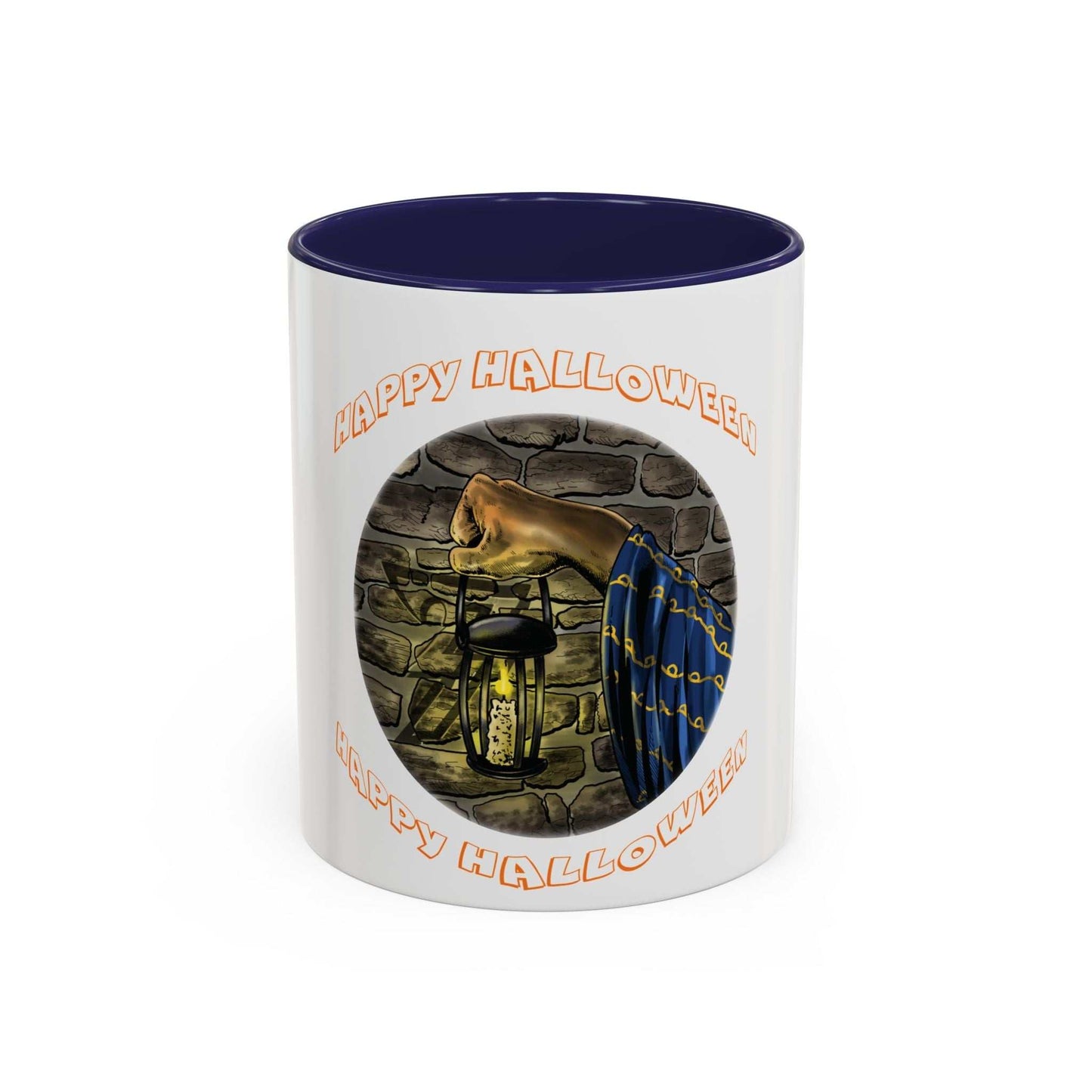 Halloween Wizard Coffee Mug with vibrant design, C-shaped handle, and glossy finish.