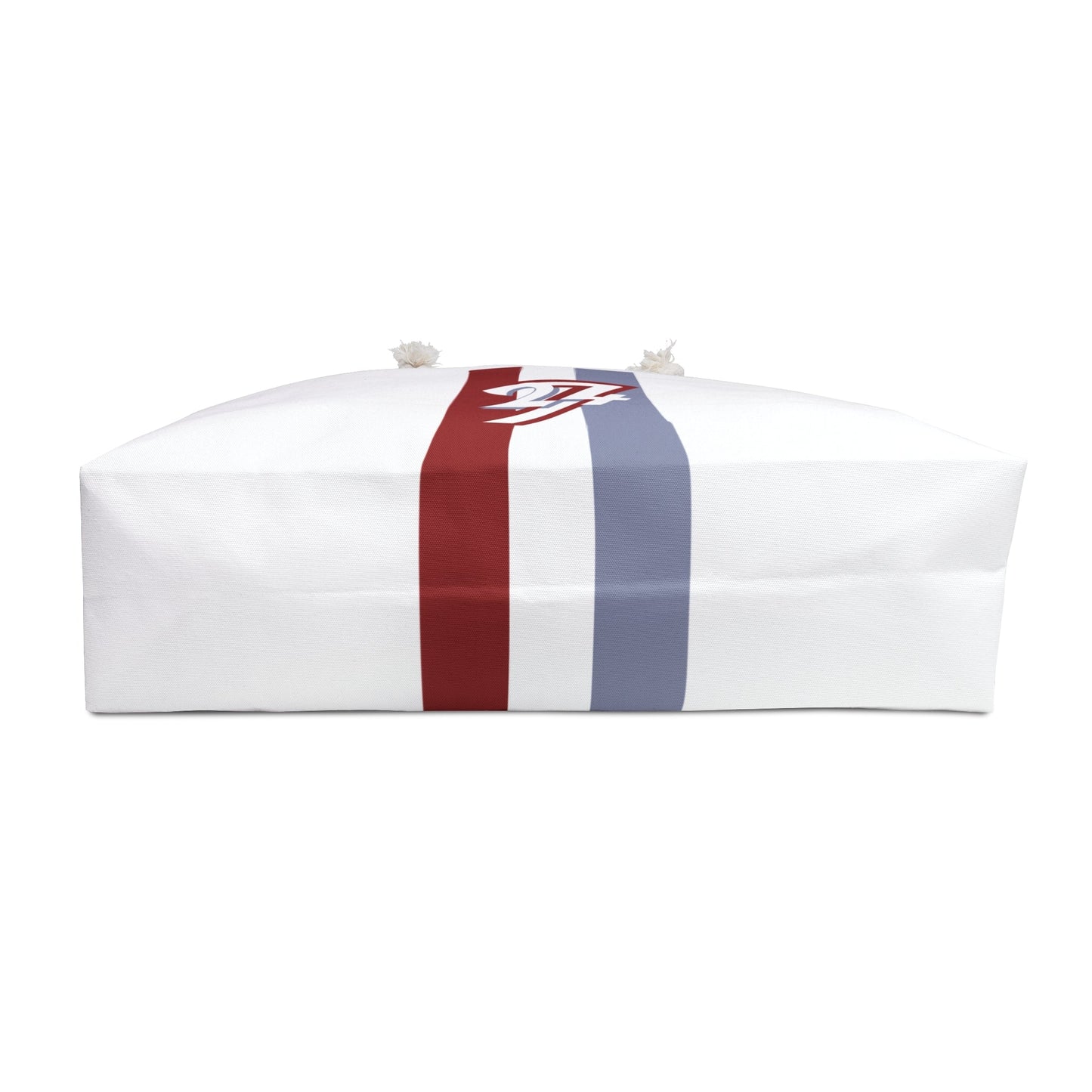Stylish Weekender Bag with modern graphic design, white canvas and red and blue stripes, spacious travel duffel bag with cotton rope handles
