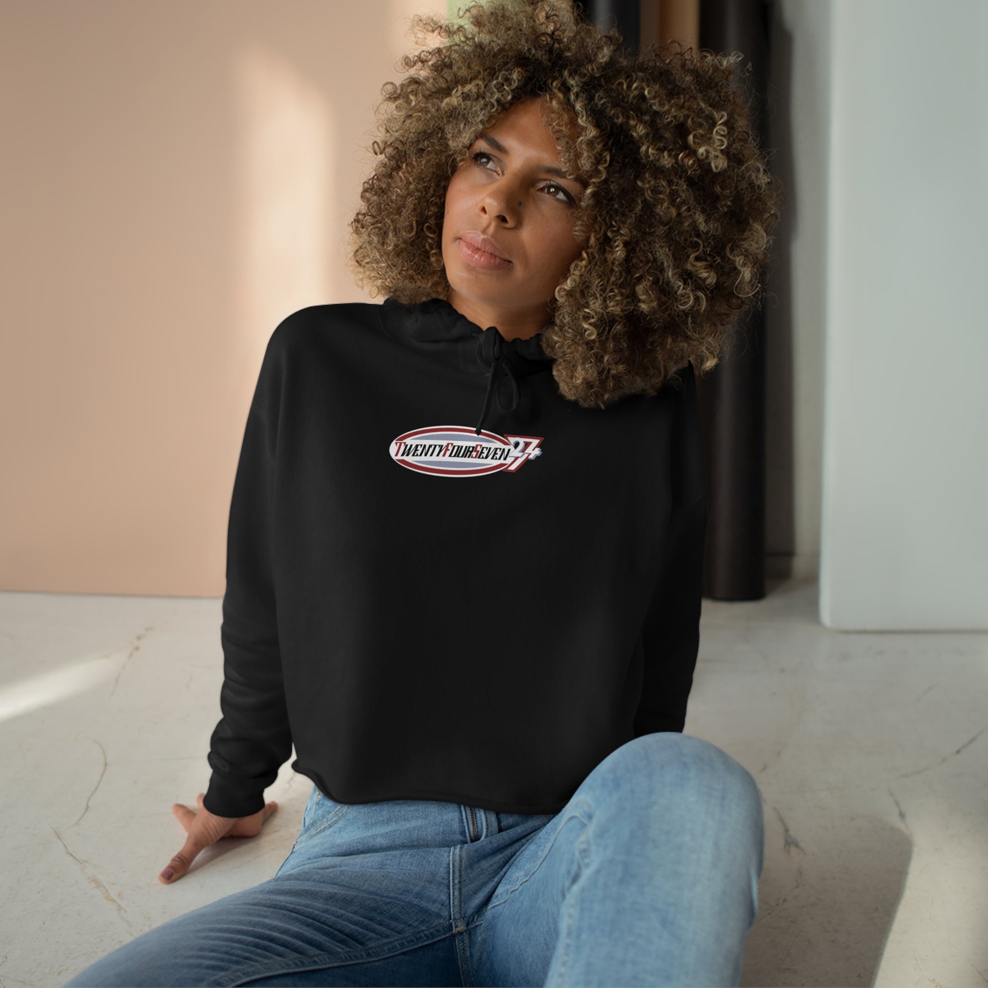 Unique Design twentyfourseven logo women's crop hoodie black with person