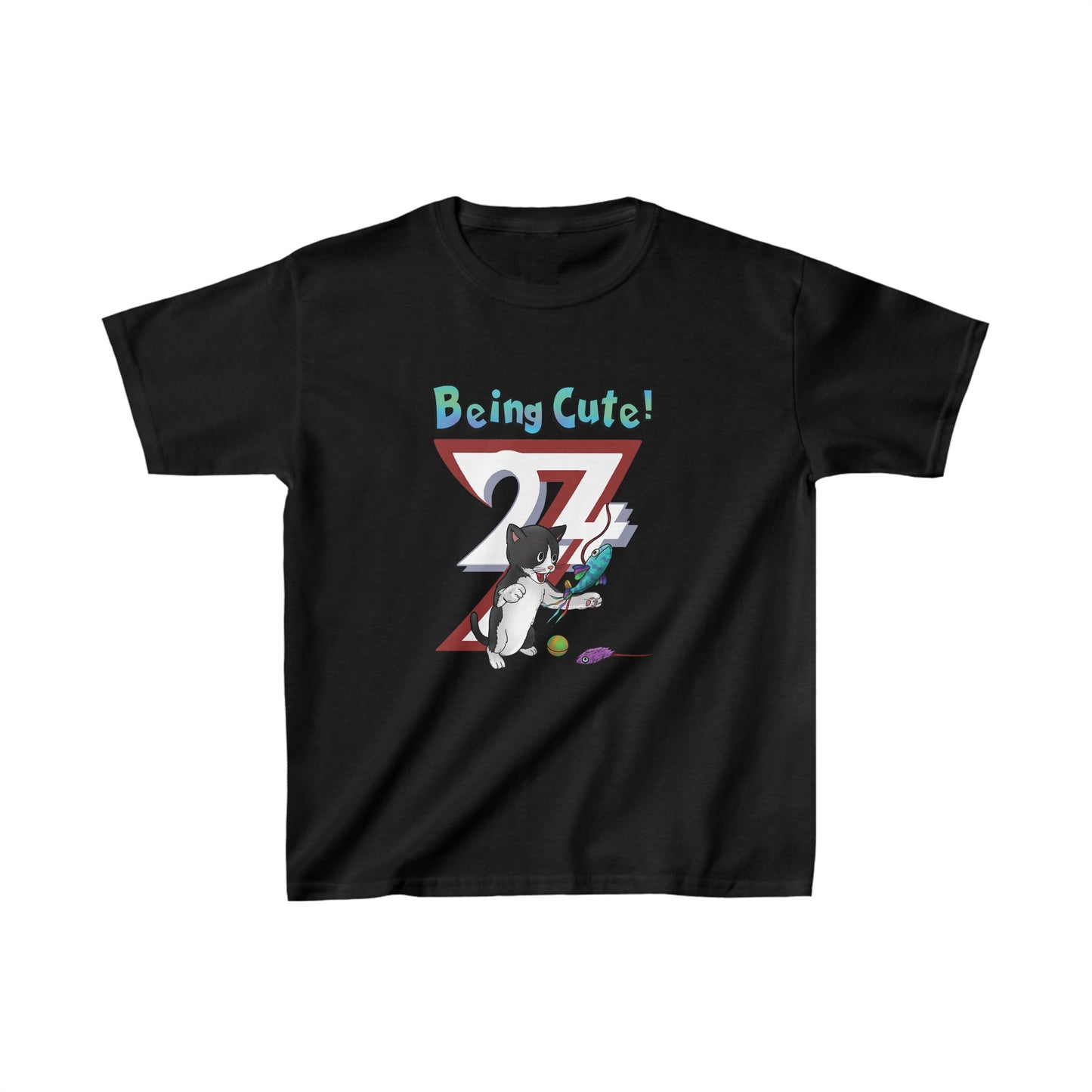 Unique Design Cute Playing Kitten kids T-shirt black